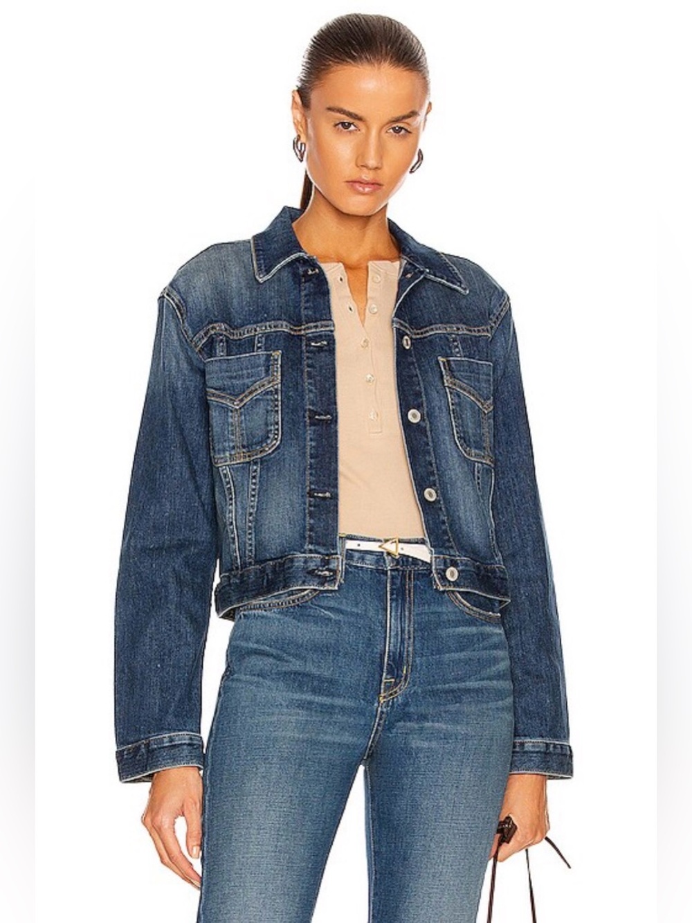 Nili Lotan Tori Cropped Denim Jacket XS Medium Wash Slim Fit Luxury